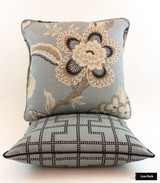 Schumacher Celerie Kemble Pillows - Bleecker in Twilight Pillow with black welting and Hothouse Flowers in Mineral
