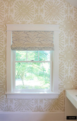 Brunschwig & Fils Talavera Linen in Birch Roman Shades with Quadrille Sigourney Wallpaper