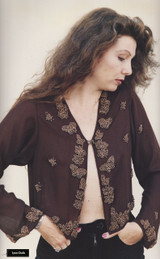Chocolate Brown Silk Chiffon Top with Gold Hand Beaded Butterflies, Flowers and Spiders by Lynn Chalk
