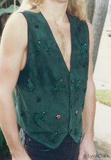 Green Suede Hand Beaded Vest with Frogs with Black Glass Buttons
