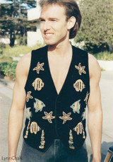 Black Velvet Hand Beaded Vest with Fish and Starfish and Black Glass Buttons