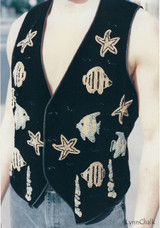 Black Velvet Hand Beaded Vest with Fish and Starfish and Black Glass Buttons