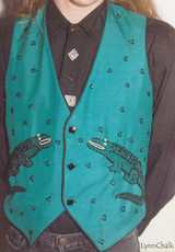 Green Silk Hand Beaded Vest with Alligators and Black Glass Buttons