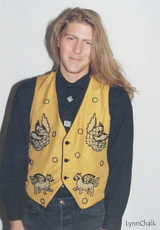 Gold Silk Hand Beaded Vest with Gargoyles and Black Glass Buttons