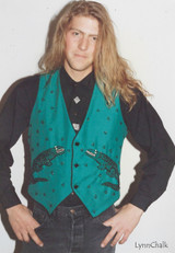 Green Silk Hand Beaded Vest with Alligators and Black Glass Buttons