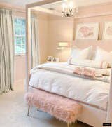 Girls bedroom featuring my custom drapes in Brunschwig & Fils Les Touches Pool and 8 X 36 Bolster with Flanders Pink Trim and Welting 