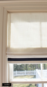 Roman Shades in Schumacher Piet Performance Blanc with Samuel & Sons Grosgrain Ribbon trim in Ink 1.5 inches set in 1.5 inches