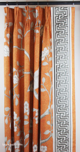 Custom Drapes by Lynn Chalk in Mary McDonald Chinois Palais in Tangerine trimmed with Labyrinth Tape in Dove.