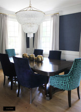 Dining Room - Unlined Sheer Custom Drapes with chain hand sewn in hem.  Drapery Hardware by Restoration Hardware.