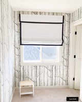 Roman Shades with Valance in White Linen with Samuel & Sons Grosgrain Ribbon Trim