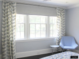   Cowtan & Tout Manuel Canovas Fiesta in Ceil Drapes with Roman Shades in Holly Hunt Clear The Air in Slate