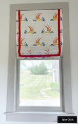 Katie Ridder Beetlecat Apricot on Natural Linen with Samuel & Sons Poppy Red Trim