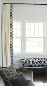 Custom Drapes in Schumacher Elliott in Cream 69492 with Arches 6 Inch Wide Trim Black on White 70770