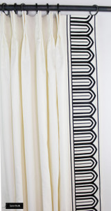 Custom Drapes in Schumacher Elliott in Cream 69492 with Arches 6 Inch Wide Trim Black on White 70770