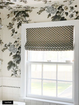 Roman Shade in Betwixt Charcoal/Ecru.  Schumacher Pyne Hollyhock Wallpaper.