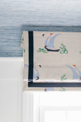 Katie Ridder Beetlecat Roman Shade in Lavender Blue with Samuel & Sons Navy Trim