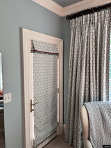 Schumacher Belvedere Sky Roman Shade with Valance and Drapes with Brunschwig & Fils Claude Ball Fringe Aqua T8020103.1913