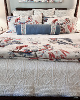 Schumacher Belvedere Sky Pillows with King Duvet in Plaisirs De La Chine Bleu Rouge, 
8 X 36 Bolster with Schumacher Ashoka Tape. 