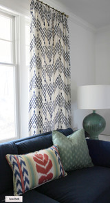 Sister Parish Kismet Indigo Blue Drapes - Pillows Brunschwig & Fils Laurel Figured Woven Fern 20 X 20 BR – 89475.489 Brunschwig & Fils Chenonceau 15 X 25 BR-71093.01