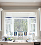 Roman Shades in Schumacher Piet Performance Blanc with Samuel & Sons 1.5" Grosgrain Ribbon Trim in Ink 