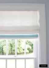 Roman Shade in Off White Linen with Samuel & Sons 2" Grosgrain Ribbon Trim on Bottom in Baby Blue