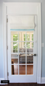 Roman Shade in Off White Linen with Samuel & Sons 2" Grosgrain Ribbon Trim on Bottom in Baby Blue