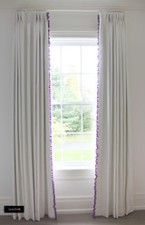 White Linen Drapes and Samuel and Sons Dolce Pom Pom Trim (shown in Sugarplum - comes in several colors)
