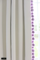 White Linen Drapes and Samuel and Sons Dolce Pom Pom Trim Girls Bedroom (shown in Sugarplum - comes in several colors)