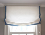 Relaxed Roman Shade in Off White Linen with Samuel & Son 1.5" Trim in Azure