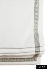 Kravet Dublin Linen Cream Roman Shade with Samuel and Sons Aristotle Greek Key Trim in Blue Haze