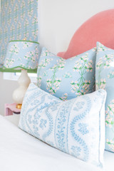 Sister Parish Dolly Carolina Blue Drapes featured in pictures of bedroom are designed by Frances Claire Interiors and photos are by Kristin Elizabeth Photography. Roman Shade and pillows behind the Dolly pillow on the bed are in Lulie Wallace Suzanna.