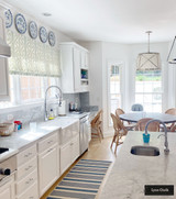 Double Width Roman Shades in Kitchen in Sister Parish Dolly Sage Green by Stephanie at S. Jo Interiors.