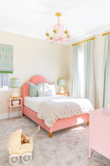 Sister Parish Dolly Carolina Blue Drapes featured in pictures of bedroom are designed by Frances Claire Interiors and photos are by Kristin Elizabeth Photography.