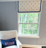 Sister Parish Serendipity Blue Orange Faux Roman Shades with Samuel and Sons Myrtle Blue Trim in Nursery