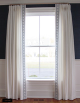   Dining Room - Schumacher Kenmare Linen Custom Drapes in White with Samuel & Sons Milo Embroidered Border Marine BT 58044 11 