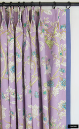 Quadrille Happy Garden Lavender on White 306064F with Samuel & Sons Cambridge Strie Braid Periwinkle Custom Drapes