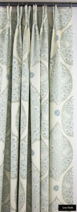 Galbraith & Paul Lotus Drapes and Pillow in Bedroom (Shown in Mineral on Cream-comes in many colors)