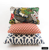 Schumacher Chiang Mai Dragon Alabaster, Betwixt in Spark, and Imperial Trellis in Navy Pillows