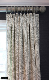 Schumacher Ambala Paisley Fog Drapes with Western Wood Supply Drapery Hardware Painted in Old Ivory.   