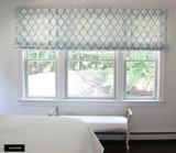   Schumacher Santa Monica Ikat Custom Roman Shades with Side Borders in Bedroom (shown in China Blue-comes in other colors)