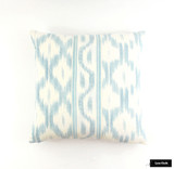   Schumacher Santa Monica Ikat Custom Roman Shades with Side Borders in Bedroom (shown in China Blue-comes in other colors)
