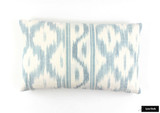   Schumacher Santa Monica Ikat Custom Roman Shades with Side Borders in Bedroom (shown in China Blue-comes in other colors)