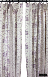 Custom Pleated Drapes in Quadrille Chantilly Stripe Soft Lavender on Tint 