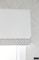 Box Pleated Valance White Linen w/ Samuel & Sons Aubree Lace Border BT 58052 06 Pearl and Schumacher Abstract Leaf Wallpaper