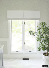 Box Pleated Valance White Linen w/ Samuel & Sons Aubree Lace Border BT 58052 06 Pearl and Schumacher Abstract Leaf Wallpaper