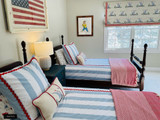 Katie Ridder Beetlecat Custom Roman Shade with Samuel & Sons Nantucket Strie Border Rhubarb BT57645 06 in Boys Room