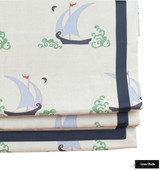 Katie Ridder Beetlecat Roman Shade in Lavender Blue with Samuel & Sons Navy Trim