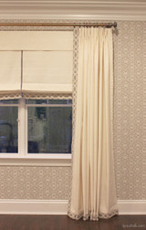 Drapes and Roman Shades in Trend 01838T 07 with Samuel & Sons 977 56199 Trim.   Fabricut Wallpaper 50025W Diamante Grey 03.