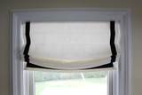 Custom Casual Shades by Lynn Chalk in Kravet Dublin Linen in Bleach with Samuel & Sons Grosgrain Ribbon Trim in Navy