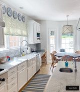 Double Width Roman Shade in Sister Parish Dolly Sage SPL-2000-31 Linen.  Double Width Roman Shades in Kitchen in Sister Parish Dolly Sage Green by Stephanie at S. Jo Interiors.